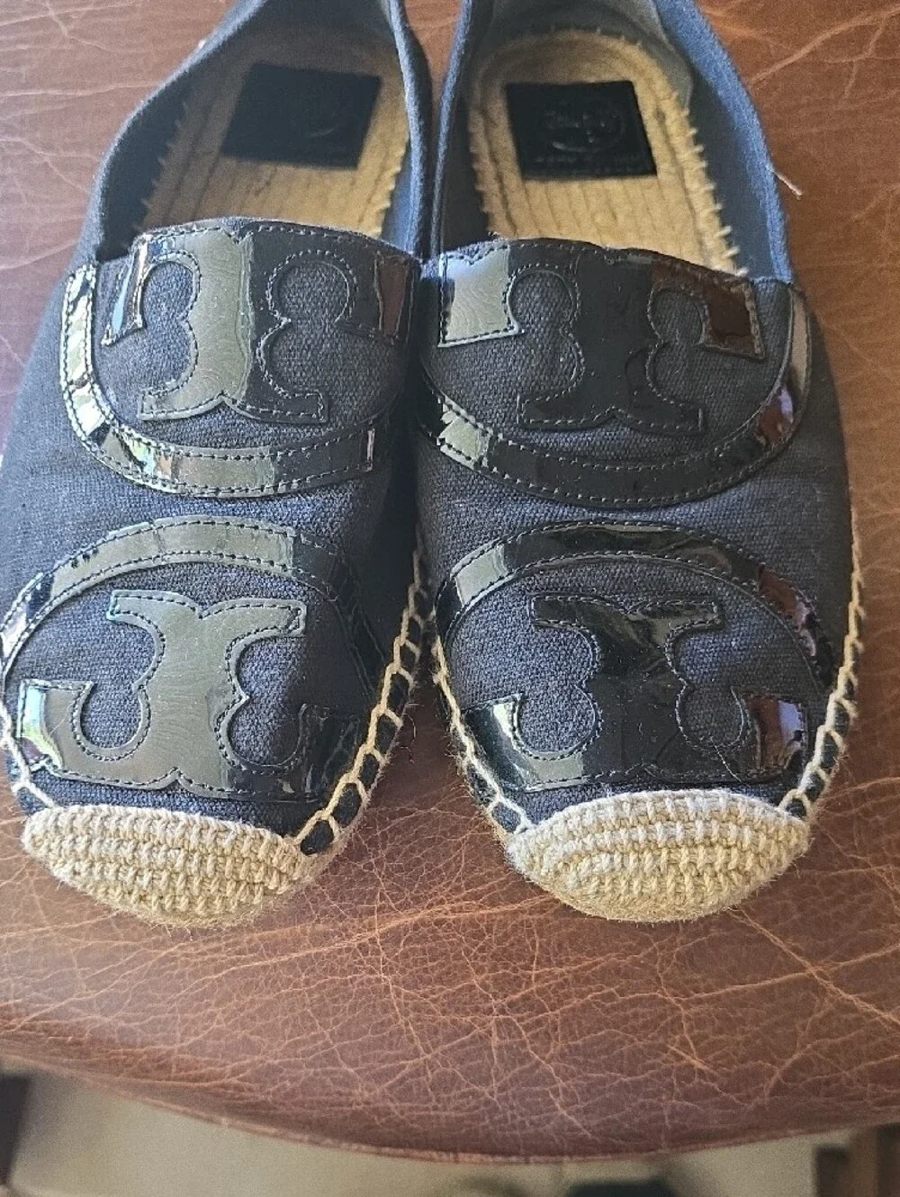 Tory Burch Black Espadrille Flats with Logo Appliqué